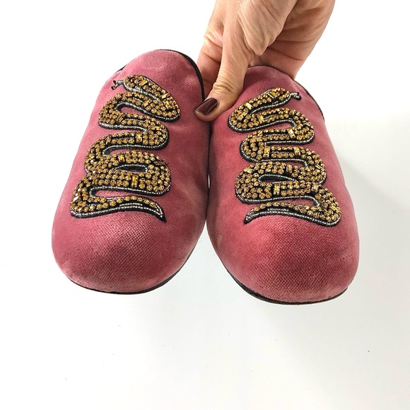 Gucci Pink Velvet Water Snake Crystals Embellished Slip On Mules Flats Slides 37 - Picture 8 of 12